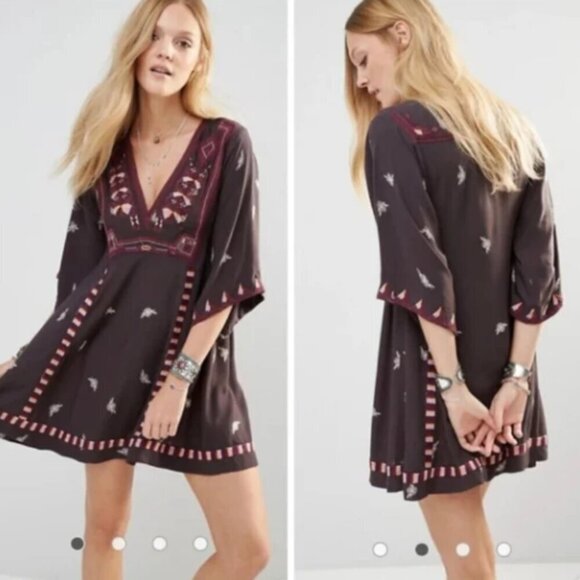 Free People Dresses & Skirts - Free People Tulum Embroidered Aztec Boho V-Neck Kimono Sleeve Mini Dress XS